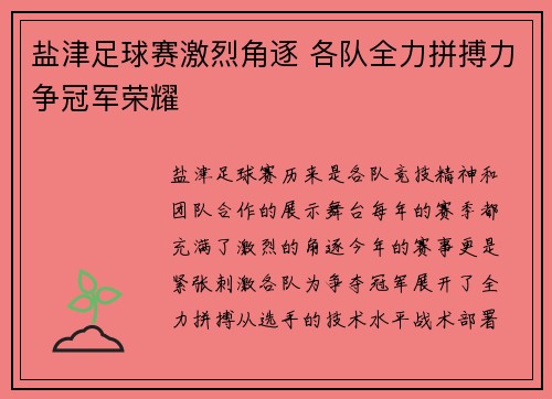 盐津足球赛激烈角逐 各队全力拼搏力争冠军荣耀