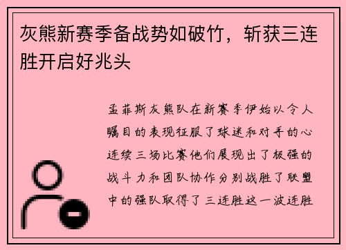 灰熊新赛季备战势如破竹，斩获三连胜开启好兆头