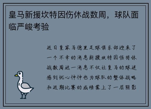 皇马新援坎特因伤休战数周，球队面临严峻考验