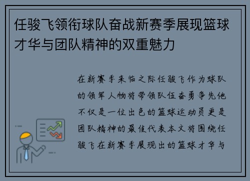 任骏飞领衔球队奋战新赛季展现篮球才华与团队精神的双重魅力